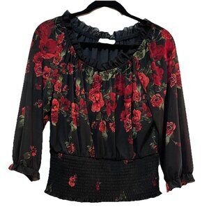 EMBER Black Rose/Floral Balloon Sheer 3/4 Length Sleeve Shirt Sz M